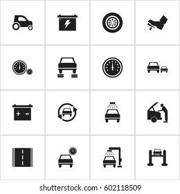 Set Of 16 Editable Car Icons. Includes Symbols Such As Treadle, Automobile, Tuning Auto And More. Can Be Used For Web, Mobile, UI And Infographic Design.