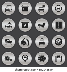 Set Of 16 Editable Car Icons. Includes Symbols Such As Automobile, Treadle, Automotive Fix And More. Can Be Used For Web, Mobile, UI And Infographic Design.
