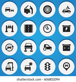Set Of 16 Editable Car Icons. Includes Symbols Such As Speed Display, Pointer, Auto Repair And More. Can Be Used For Web, Mobile, UI And Infographic Design.