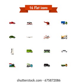 Set Of 16 Editable Car Icons. Includes Symbols Such As Aircraft, Automobile, Cement Blender And More. Can Be Used For Web, Mobile, UI And Infographic Design.