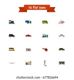 Set Of 16 Editable Car Icons. Includes Symbols Such As Streetcar, Lorry, Delivery And More. Can Be Used For Web, Mobile, UI And Infographic Design.