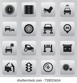 Set Of 16 Editable Car Icons. Includes Symbols Such As Odometer, Automobile, Speed Display And More. Can Be Used For Web, Mobile, UI And Infographic Design.
