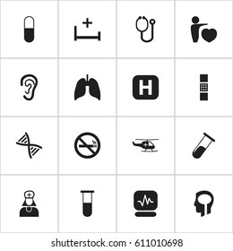 Set Of 16 Editable Care Icons. Includes Symbols Such As Genome, Test Tube, Pulse And More. Can Be Used For Web, Mobile, UI And Infographic Design.