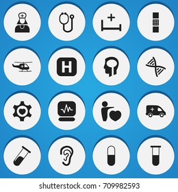 Set Of 16 Editable Care Icons. Includes Symbols Such As Wound Band, Genome, Medical Aviation. Can Be Used For Web, Mobile, UI And Infographic Design.