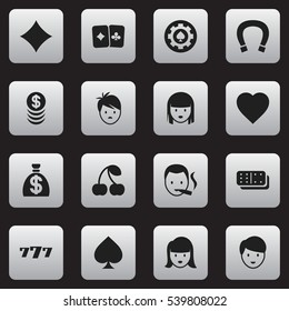 Set Of 16 Editable Casino Icons. Includes Symbols Such As Luck Charm, Love, Bones Game And More. Can Be Used For Web, Mobile, UI And Infographic Design.