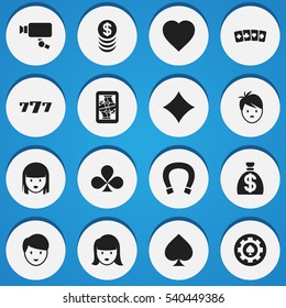 Set Of 16 Editable Casino Icons. Includes Symbols Such As Rhombus, Stacked Money, Woman Face And More. Can Be Used For Web, Mobile, UI And Infographic Design.