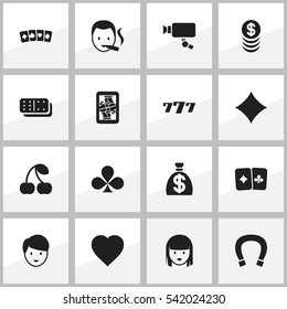 Set Of 16 Editable Casino Icons. Includes Symbols Such As Lucky Seven, Card Suits, Female Face And More. Can Be Used For Web, Mobile, UI And Infographic Design.
