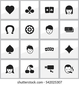 Set Of 16 Editable Casino Icons. Includes Symbols Such As Female Face, Rhombus, Card Pair And More. Can Be Used For Web, Mobile, UI And Infographic Design.