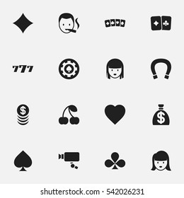 Set Of 16 Editable Casino Icons. Includes Symbols Such As Tracking Cam, Shamrock, Berry; And More. Can Be Used For Web, Mobile, UI And Infographic Design.