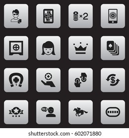 Set Of 16 Editable Casino Icons. Includes Symbols Such As Badge, Exchange, Blackjack And More. Can Be Used For Web, Mobile, UI And Infographic Design.