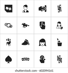 Set Of 16 Editable Casino Icons. Includes Symbols Such As Casino Chip, Merlot, Push Cursor And More. Can Be Used For Web, Mobile, UI And Infographic Design.