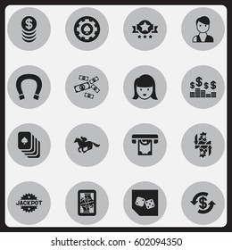 Set Of 16 Editable Casino Icons. Includes Symbols Such As Jockey, Exchange, Currency And More. Can Be Used For Web, Mobile, UI And Infographic Design.