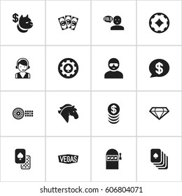 Set Of 16 Editable Casino Icons. Includes Symbols Such As Stacked Money, Nevada, Canine Fighter And More. Can Be Used For Web, Mobile, UI And Infographic Design.