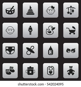 Set Of 16 Editable Child Icons. Includes Symbols Such As Shoes For Babies, Bath Toys, Cheerful Child And More. Can Be Used For Web, Mobile, UI And Infographic Design.