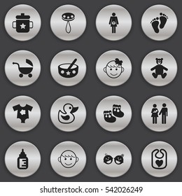 Set Of 16 Editable Child Icons. Includes Symbols Such As Nursing Bottle, Rattle, Footmark And More. Can Be Used For Web, Mobile, UI And Infographic Design.