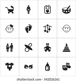 Set Of 16 Editable Child Icons. Includes Symbols Such As Twins Babies, Small Dresses, Teddy And More. Can Be Used For Web, Mobile, UI And Infographic Design.