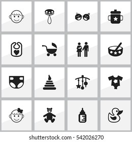 Set Of 16 Editable Child Icons. Includes Symbols Such As Spoon, Goplet, Twins Babies And More. Can Be Used For Web, Mobile, UI And Infographic Design.