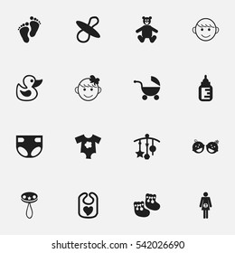 Set Of 16 Editable Child Icons. Includes Symbols Such As Nappy, Pregnancy, Soothers And More. Can Be Used For Web, Mobile, UI And Infographic Design.