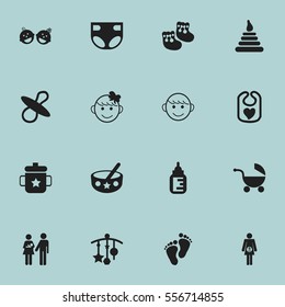 Set Of 16 Editable Child Icons. Includes Symbols Such As Tower, Lineage, Cheerful Child And More. Can Be Used For Web, Mobile, UI And Infographic Design.