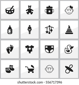 Set Of 16 Editable Child Icons. Includes Symbols Such As Teddy, Soothers, Cheerful Child And More. Can Be Used For Web, Mobile, UI And Infographic Design.