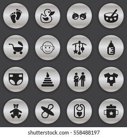 Set Of 16 Editable Child Icons. Includes Symbols Such As Spoon, Stroller, Small Dresses And More. Can Be Used For Web, Mobile, UI And Infographic Design.