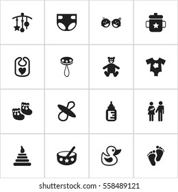 Set Of 16 Editable Child Icons. Includes Symbols Such As Bath Toys, Small Dresses, Goplet And More. Can Be Used For Web, Mobile, UI And Infographic Design.