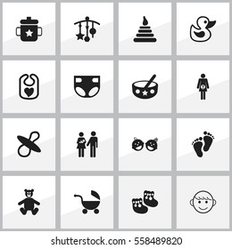 Set Of 16 Editable Child Icons. Includes Symbols Such As Tower, Spoon, Pinafore And More. Can Be Used For Web, Mobile, UI And Infographic Design.