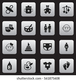 Set Of 16 Editable Child Icons. Includes Symbols Such As Shoes For Babies, Spoon, Pregnancy And More. Can Be Used For Web, Mobile, UI And Infographic Design.