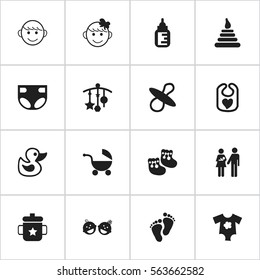 Set Of 16 Editable Child Icons. Includes Symbols Such As Bath Toys, Pinafore, Shoes For Babies And More. Can Be Used For Web, Mobile, UI And Infographic Design.
