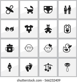 Set Of 16 Editable Child Icons. Includes Symbols Such As Rattle, Bath Toys, Pinafore And More. Can Be Used For Web, Mobile, UI And Infographic Design.