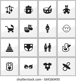 Set Of 16 Editable Child Icons. Includes Symbols Such As Pregnancy, Teddy, Pinafore And More. Can Be Used For Web, Mobile, UI And Infographic Design.