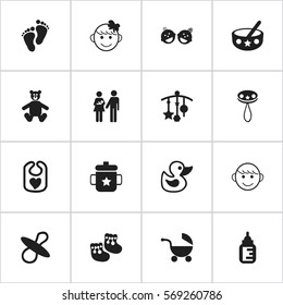 Set Of 16 Editable Child Icons. Includes Symbols Such As Footmark, Rattle, Shoes For Babies And More. Can Be Used For Web, Mobile, UI And Infographic Design.