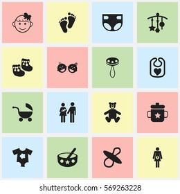 Set Of 16 Editable Child Icons. Includes Symbols Such As Lineage, Adorn, Cheerful Child And More. Can Be Used For Web, Mobile, UI And Infographic Design.