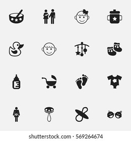 Set Of 16 Editable Child Icons. Includes Symbols Such As Lineage, Spoon, Shoes For Babies And More. Can Be Used For Web, Mobile, UI And Infographic Design.