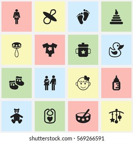Set Of 16 Editable Child Icons. Includes Symbols Such As Nursing Bottle, Footmark, Adorn And More. Can Be Used For Web, Mobile, UI And Infographic Design.