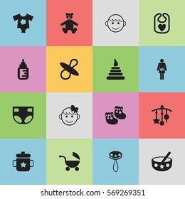 Set Of 16 Editable Child Icons. Includes Symbols Such As Nappy, Rattle, Nursing Bottle And More. Can Be Used For Web, Mobile, UI And Infographic Design.