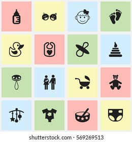 Set Of 16 Editable Child Icons. Includes Symbols Such As Bath Toys, Pinafore, Cheerful Child And More. Can Be Used For Web, Mobile, UI And Infographic Design.