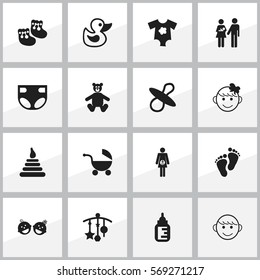 Set Of 16 Editable Child Icons. Includes Symbols Such As Tower, Soothers, Pregnancy And More. Can Be Used For Web, Mobile, UI And Infographic Design.