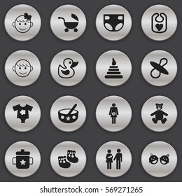 Set Of 16 Editable Child Icons. Includes Symbols Such As Spoon, Twins Babies, Goplet And More. Can Be Used For Web, Mobile, UI And Infographic Design.