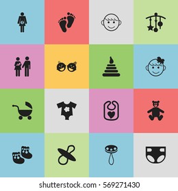 Set Of 16 Editable Child Icons. Includes Symbols Such As Cheerful Child, Pregnancy, Footmark And More. Can Be Used For Web, Mobile, UI And Infographic Design.