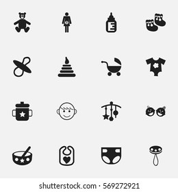 Set Of 16 Editable Child Icons. Includes Symbols Such As Nappy, Small Dresses, Tower And More. Can Be Used For Web, Mobile, UI And Infographic Design.