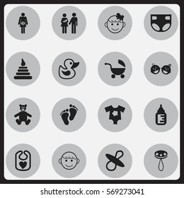 Set Of 16 Editable Child Icons. Includes Symbols Such As Pregnancy, Tower, Nursing Bottle And More. Can Be Used For Web, Mobile, UI And Infographic Design.