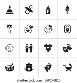 Set Of 16 Editable Child Icons. Includes Symbols Such As Soothers, Spoon, Footmark And More. Can Be Used For Web, Mobile, UI And Infographic Design.