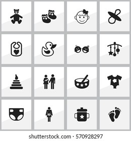 Set Of 16 Editable Child Icons. Includes Symbols Such As Twins Babies, Goplet, Pinafore And More. Can Be Used For Web, Mobile, UI And Infographic Design.