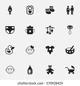 Set Of 16 Editable Child Icons. Includes Symbols Such As Spoon, Pregnancy, Stroller And More. Can Be Used For Web, Mobile, UI And Infographic Design.