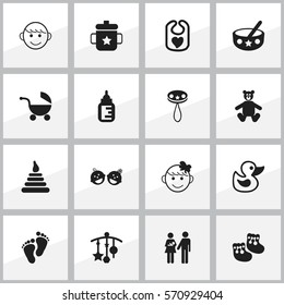 Set Of 16 Editable Child Icons. Includes Symbols Such As Goplet, Stroller, Bath Toys And More. Can Be Used For Web, Mobile, UI And Infographic Design.