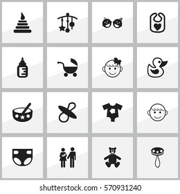 Set Of 16 Editable Child Icons. Includes Symbols Such As Merry Children, Nursing Bottle, Cheerful Child And More. Can Be Used For Web, Mobile, UI And Infographic Design.