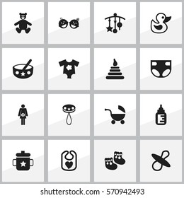 Set Of 16 Editable Child Icons. Includes Symbols Such As Stroller, Rattle, Pinafore And More. Can Be Used For Web, Mobile, UI And Infographic Design.