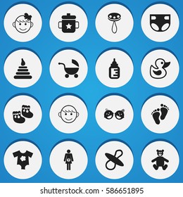 Set Of 16 Editable Child Icons. Includes Symbols Such As Goplet, Cheerful Child, Teddy And More. Can Be Used For Web, Mobile, UI And Infographic Design.