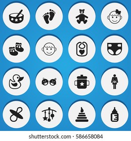 Set Of 16 Editable Child Icons. Includes Symbols Such As Pregnancy, Cheerful Child, Soothers And More. Can Be Used For Web, Mobile, UI And Infographic Design.